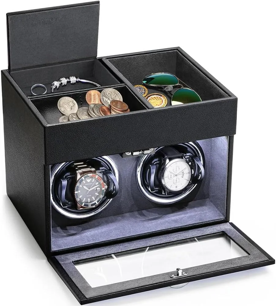 Father's Day (Black Grey) J&T Technology Double Watch Winder for Automatic Watches - liberty souvenir Japanese Motor,Automatic Watch Winder with Men's Valet Tray,Watch Winder with LED Light, Gift for 