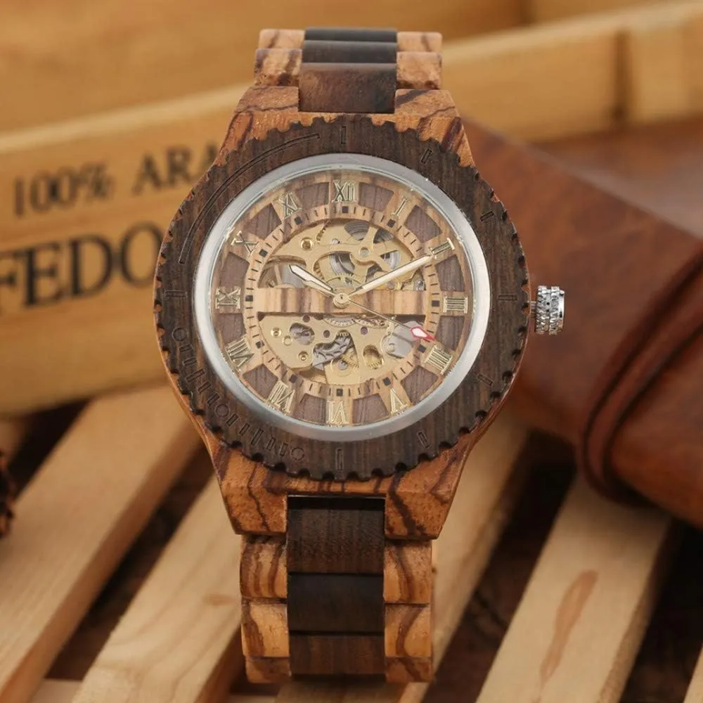 female tyrannical northeast Top Luxury Wooden Bangle Watch montre Homme automatique reloj,Zebra Wood Wooden Watch Retro Wood Watch Royal Gold Roman Literal Mechanical Watches Men's 