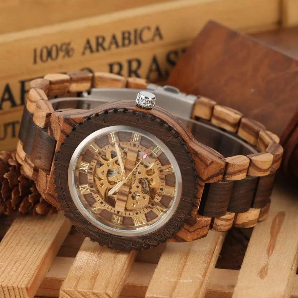 female tyrannical northeast Top Luxury Wooden Bangle Watch montre Homme automatique reloj,Zebra Wood Wooden Watch Retro Wood Watch Royal Gold Roman Literal Mechanical Watches Men's 