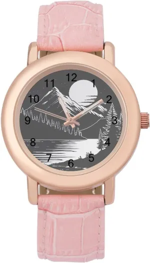 fire Bantu prod Strap Watch Elegant Leather Band Ladies Watches Three-Hand Watch Mountain Forests Reflection Women's Leather 
