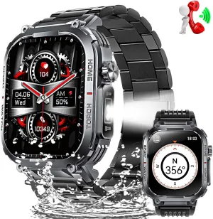 Flashlight Compass (Answer/Make Call) 2.02" Screen Waterproof Smartwatch FALSE thresh with Sport Modes Health Monitor 400mAh Rugged Smartwatch for iPhone Android (2 Straps) Military Smart Watches for Men with LED 