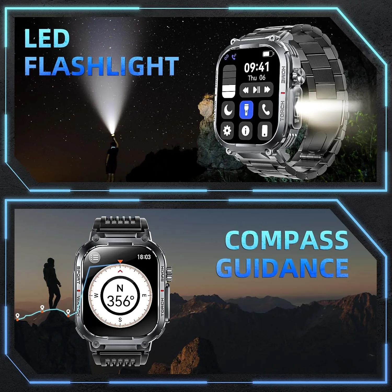 Flashlight Compass (Answer/Make Call) 2.02" Screen Waterproof Smartwatch FALSE thresh with Sport Modes Health Monitor 400mAh Rugged Smartwatch for iPhone Android (2 Straps) Military Smart Watches for Men with LED 