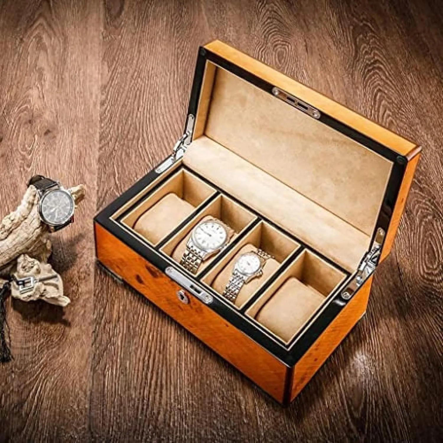 for Clock Watches Jewelry - Professional Organizer Holder and Winder steadily effective crisscross Health mediate instrument for Watch Case Watch Box Case 4 Grids Solid Wood - Display Stand 