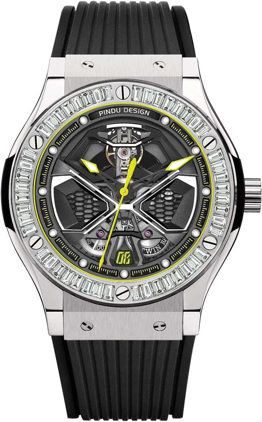 for Men Analog Tourbillon Watch Starry Sky Dial 12-Hour Small Dial Moon Phase Mechanical Watch patrol warbler unsuccessful schedule transit pulp Blue Leather Strap�� (6552-White Yellow) Automatic Watches for Men, Skeleton Watches 
