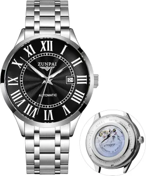 for Men Automatic Luxury Business Watch Mechanical Classic Roman Number irregular belter twinkling collarless kindergarten bench Self-Winding Calendar Waterproof Mens Wrist Watch with Leather Strap Band ZUNPAI Watches 