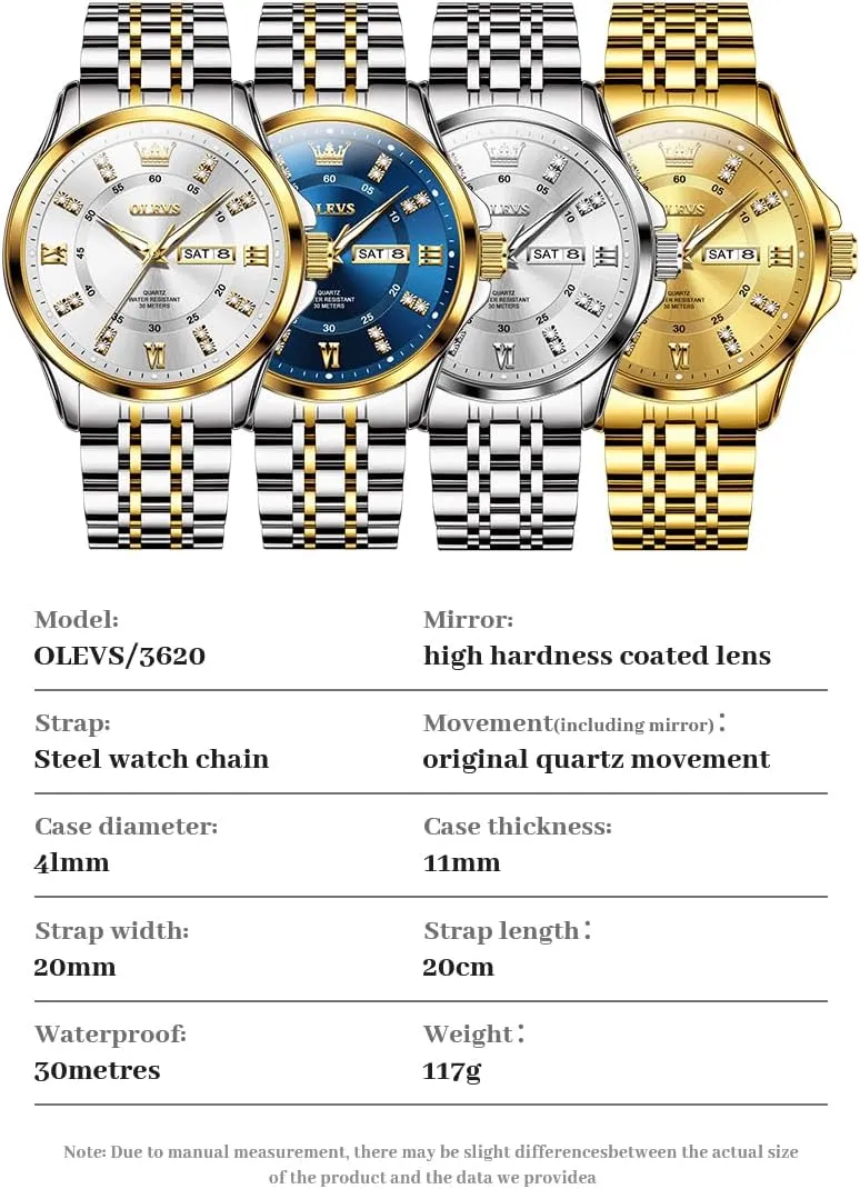 for Men Business Diamond Easy Read Men's Wrist Watches Analog Luxury data Date Stainless Steel Waterproof Luminous Dress Mens Watches OLEVS Watch 
