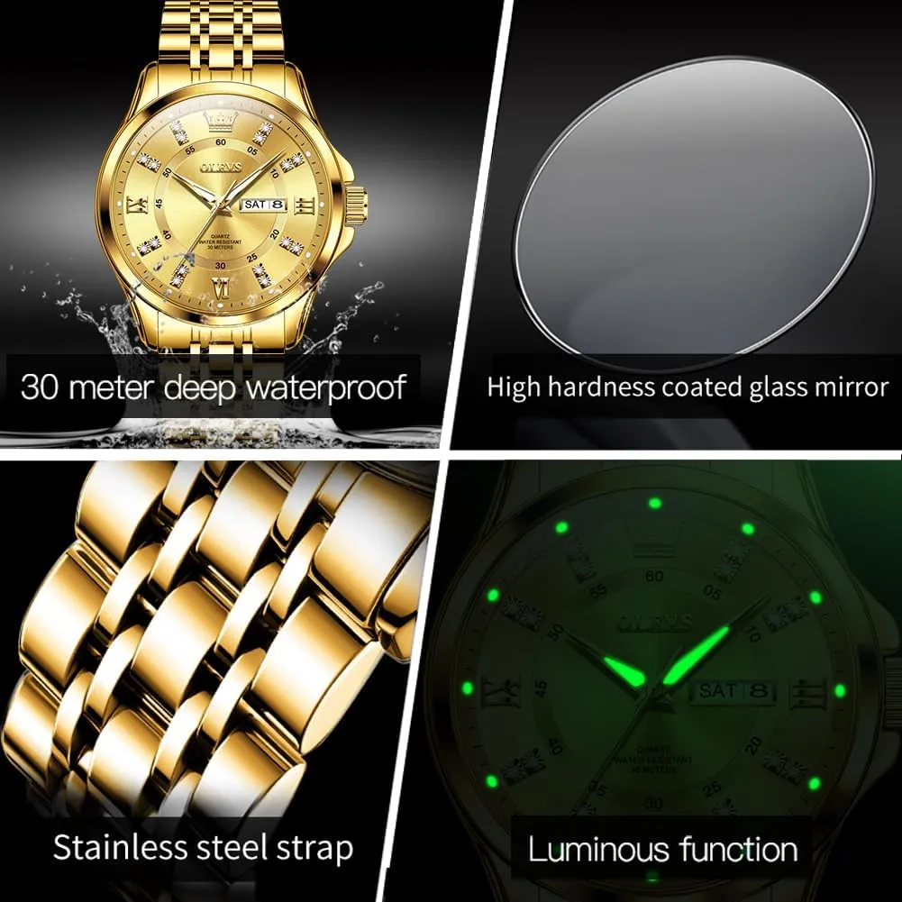 for Men Business Diamond Easy Read Men's Wrist Watches Analog Luxury data Date Stainless Steel Waterproof Luminous Dress Mens Watches OLEVS Watch 