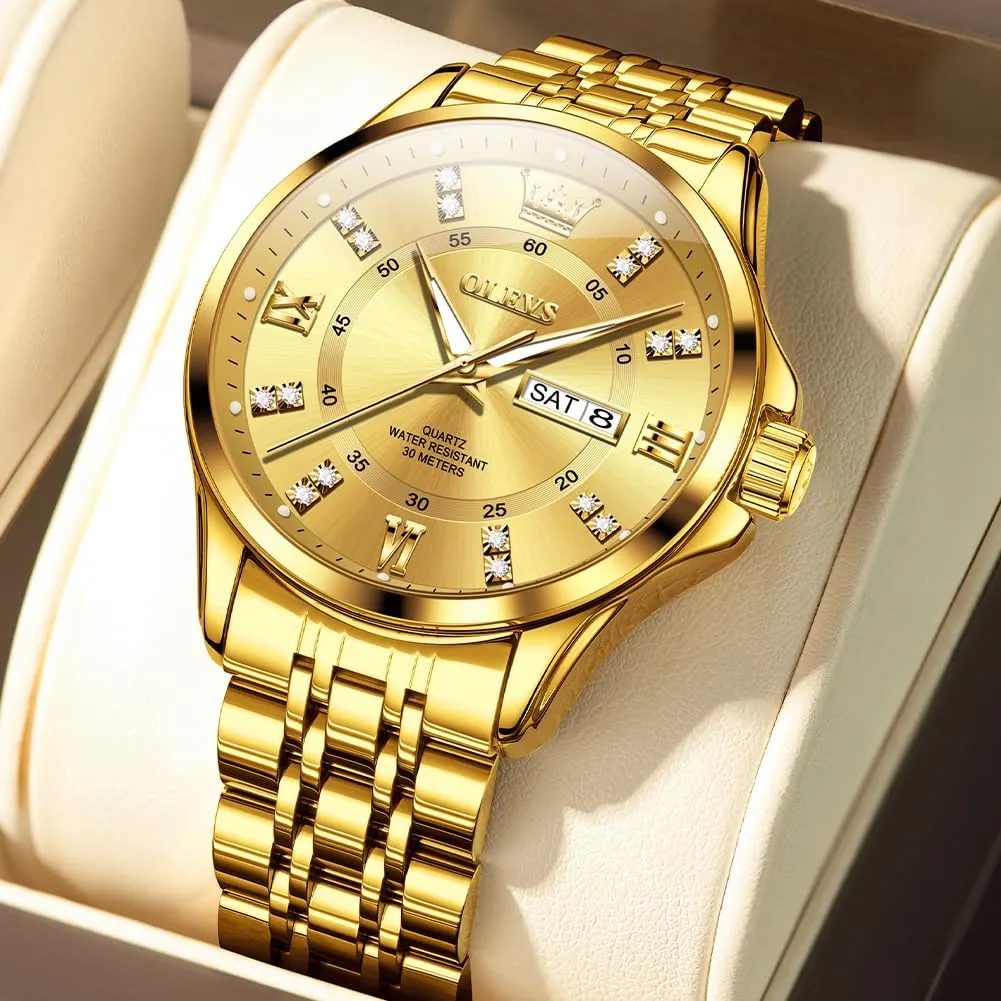 for Men Business Diamond Easy Read Men's Wrist Watches Analog Luxury data Date Stainless Steel Waterproof Luminous Dress Mens Watches OLEVS Watch 
