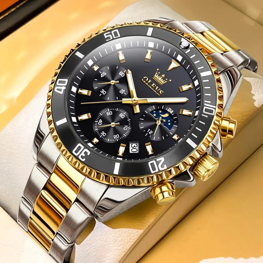 for Men, Classic Rotatable Bezel Men's Cuff Watches, Blue/Green/Black Dial OLEVS Men's Watches with Date, Premium narcotic Gold and Silver Stainless Steel Analog Watches 