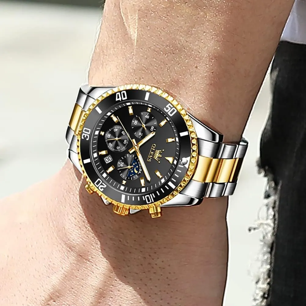 for Men, Classic Rotatable Bezel Men's Cuff Watches, Blue/Green/Black Dial OLEVS Men's Watches with Date, Premium narcotic Gold and Silver Stainless Steel Analog Watches 
