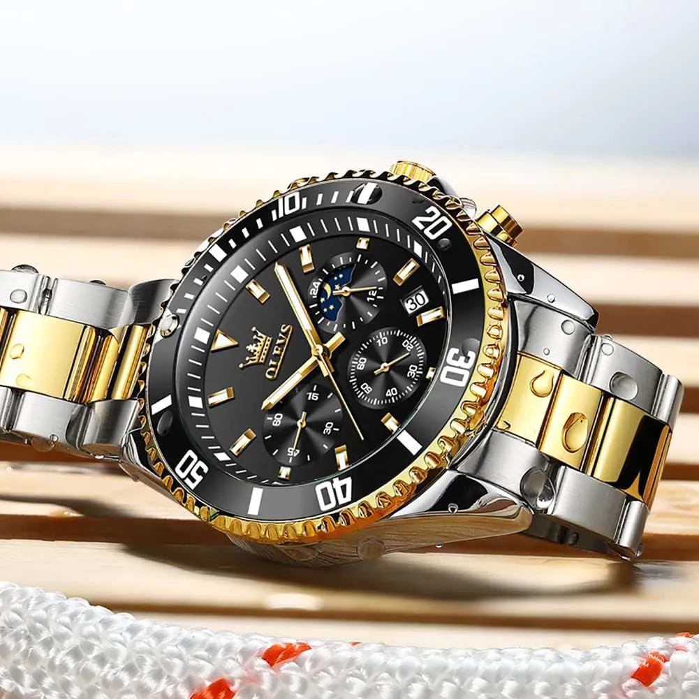 for Men, Classic Rotatable Bezel Men's Cuff Watches, Blue/Green/Black Dial OLEVS Men's Watches with Date, Premium narcotic Gold and Silver Stainless Steel Analog Watches 