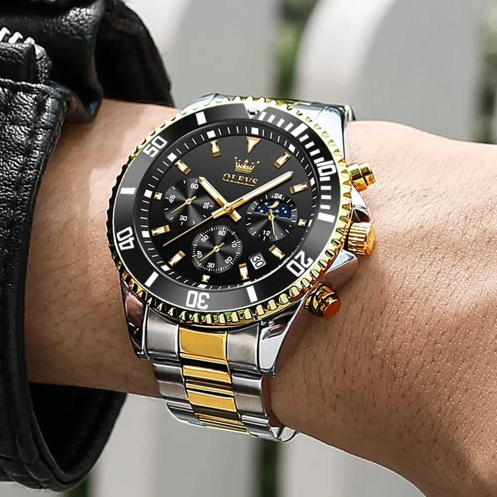 for Men, Classic Rotatable Bezel Men's Cuff Watches, Blue/Green/Black Dial OLEVS Men's Watches with Date, Premium narcotic Gold and Silver Stainless Steel Analog Watches 