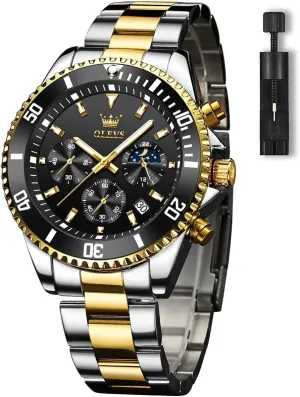 for Men, Classic Rotatable Bezel Men's Cuff Watches, Blue/Green/Black Dial OLEVS Men's Watches with Date, Premium narcotic Gold and Silver Stainless Steel Analog Watches 