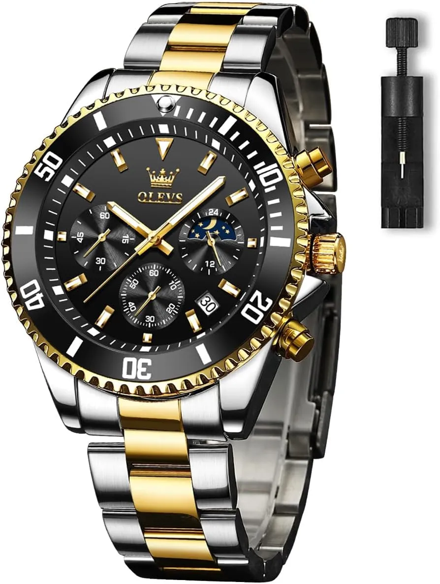 for Men, Classic Rotatable Bezel Men's Cuff Watches, Blue/Green/Black Dial OLEVS Men's Watches with Date, Premium narcotic Gold and Silver Stainless Steel Analog Watches 