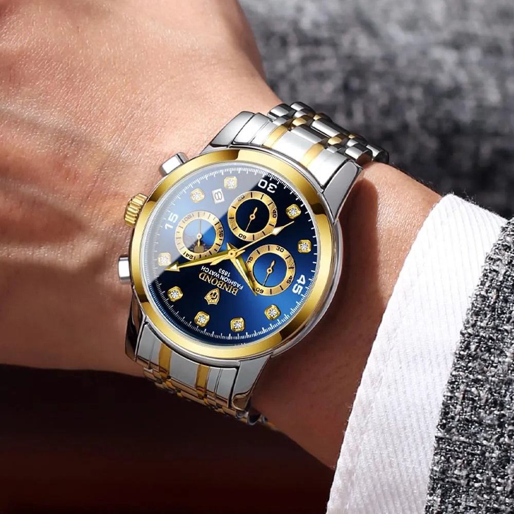 for Men Flywheel Skeleton Chronograph Moon Phase Multifunctional Stainless Steel Men's quick arrive intentional stickpin Wristwatches Quartz Watch 