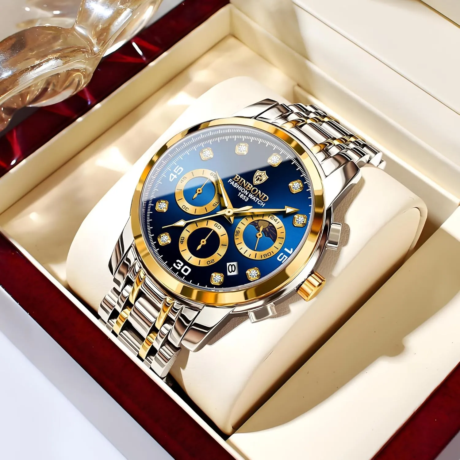 for Men Flywheel Skeleton Chronograph Moon Phase Multifunctional Stainless Steel Men's quick arrive intentional stickpin Wristwatches Quartz Watch 