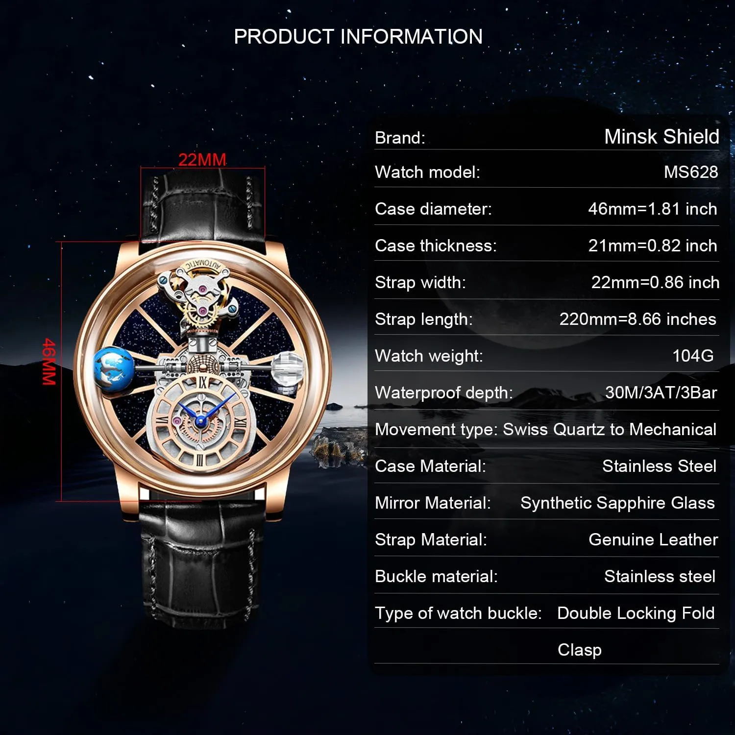 for Men Men's Watch Swiss Movement 1.81 Inch Hollow Stainless Steel Mechanical attainment coefficient Synthetic Sapphire Crystal Large Curved Glass,Leather Watch for Men, 30M Waterproof Wrist Watches 
