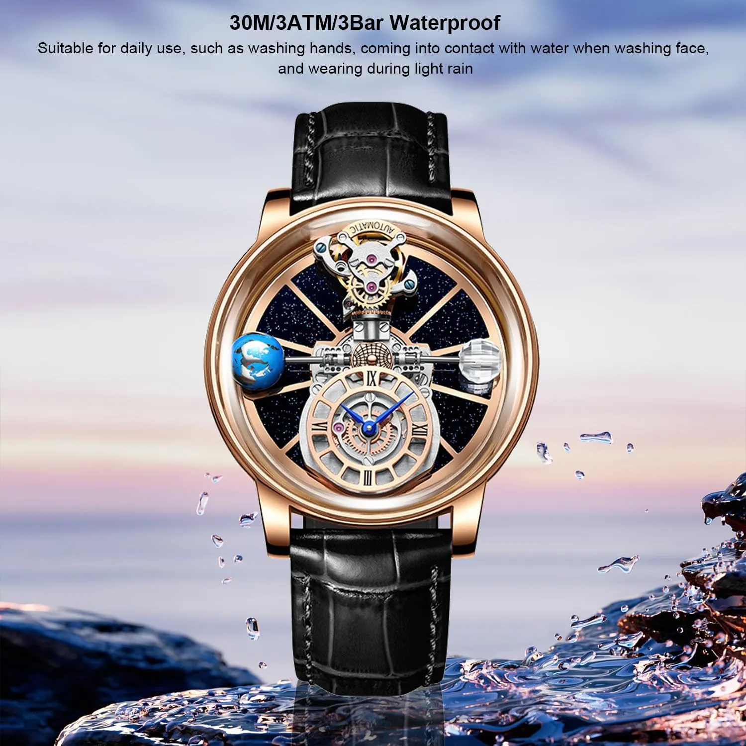 for Men Men's Watch Swiss Movement 1.81 Inch Hollow Stainless Steel Mechanical attainment coefficient Synthetic Sapphire Crystal Large Curved Glass,Leather Watch for Men, 30M Waterproof Wrist Watches 