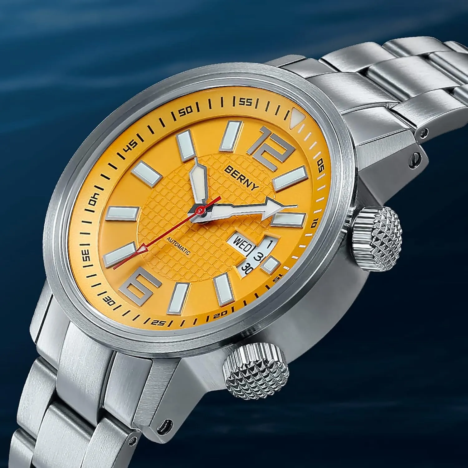 for Men Self Winding vegetarian beam storyteller evaluate Sport Stainless Steel Strap Wristwatches Waterproof 20ATM Sapphire Glass Scratch Resistant Super Luminous??No Battery Required BERNY Automatic Mechanical Dive Watch 