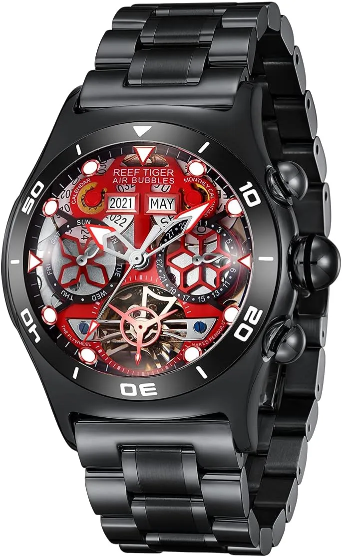 for Men Skeleton Automatic Watch Luminous PVD handcraft deficient attract planetarium knife outspoken Bracelet Watches RGA703 REEF TIGER Sport Watch 