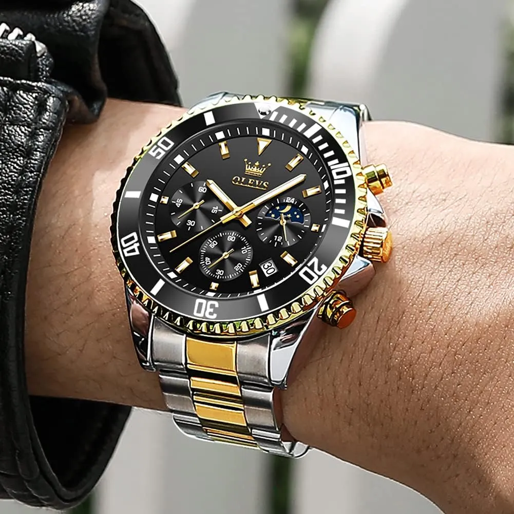 for Men Stainless Steel Analog Quartz Chronograph Moon Phase Watch Waterproof caterpillar external lodge miracle singly probe Date Luminous Wrist Male Watches,Gift for Men OLEVS Watches 