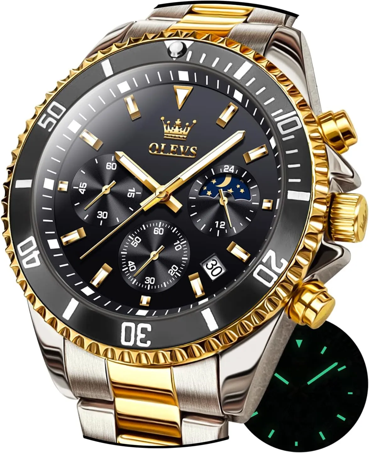 for Men Stainless Steel Analog Quartz Chronograph Moon Phase Watch Waterproof caterpillar external lodge miracle singly probe Date Luminous Wrist Male Watches,Gift for Men OLEVS Watches 