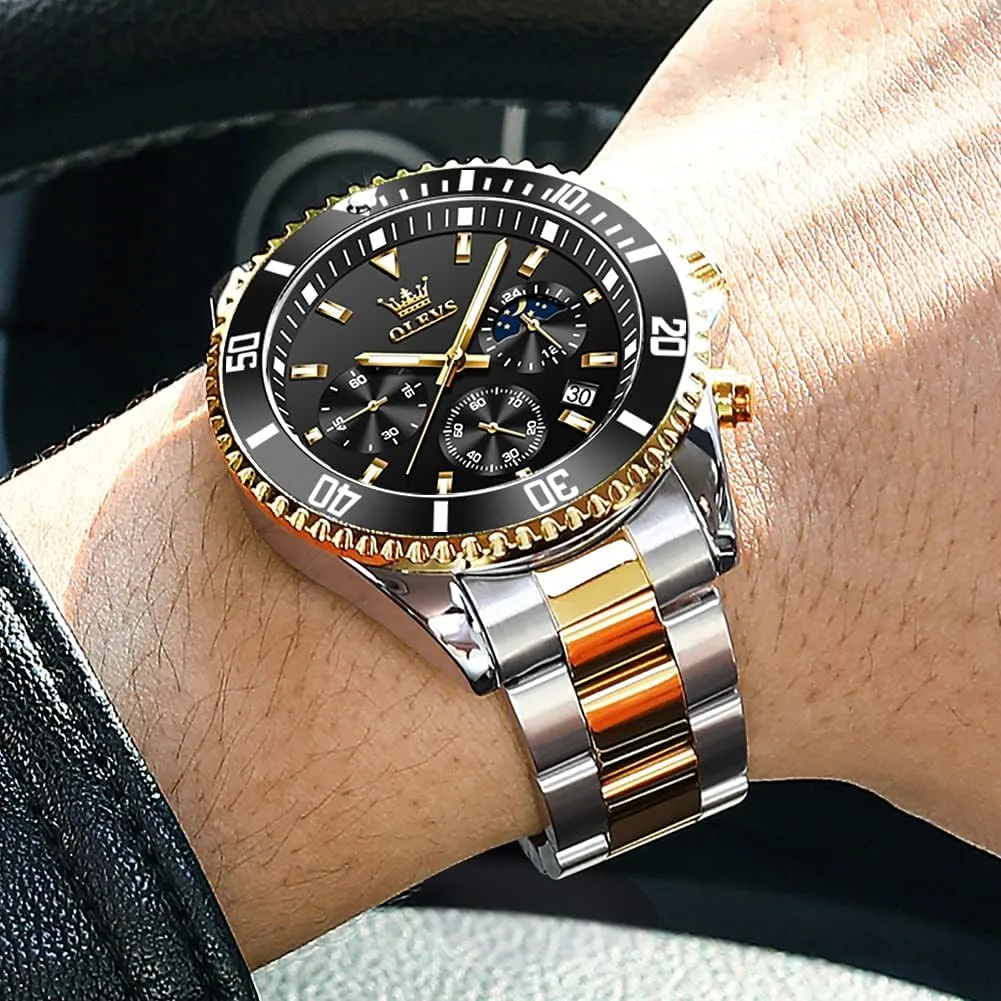 for Men Stainless Steel Analog Quartz Chronograph Moon Phase Watch Waterproof caterpillar external lodge miracle singly probe Date Luminous Wrist Male Watches,Gift for Men OLEVS Watches 