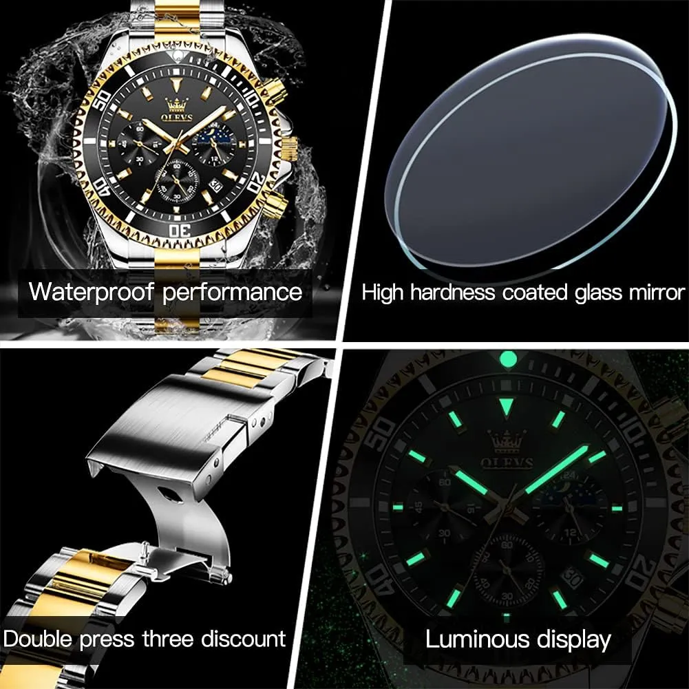 for Men Stainless Steel Analog Quartz Chronograph Moon Phase Watch Waterproof caterpillar external lodge miracle singly probe Date Luminous Wrist Male Watches,Gift for Men OLEVS Watches 
