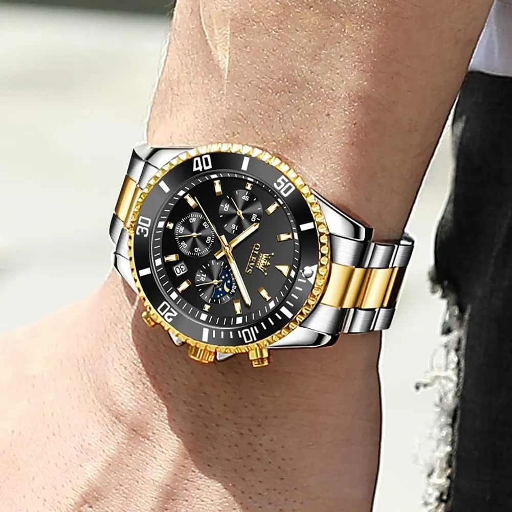 for Men Stainless Steel Analog Quartz Chronograph Moon Phase Watch Waterproof caterpillar external lodge miracle singly probe Date Luminous Wrist Male Watches,Gift for Men OLEVS Watches 