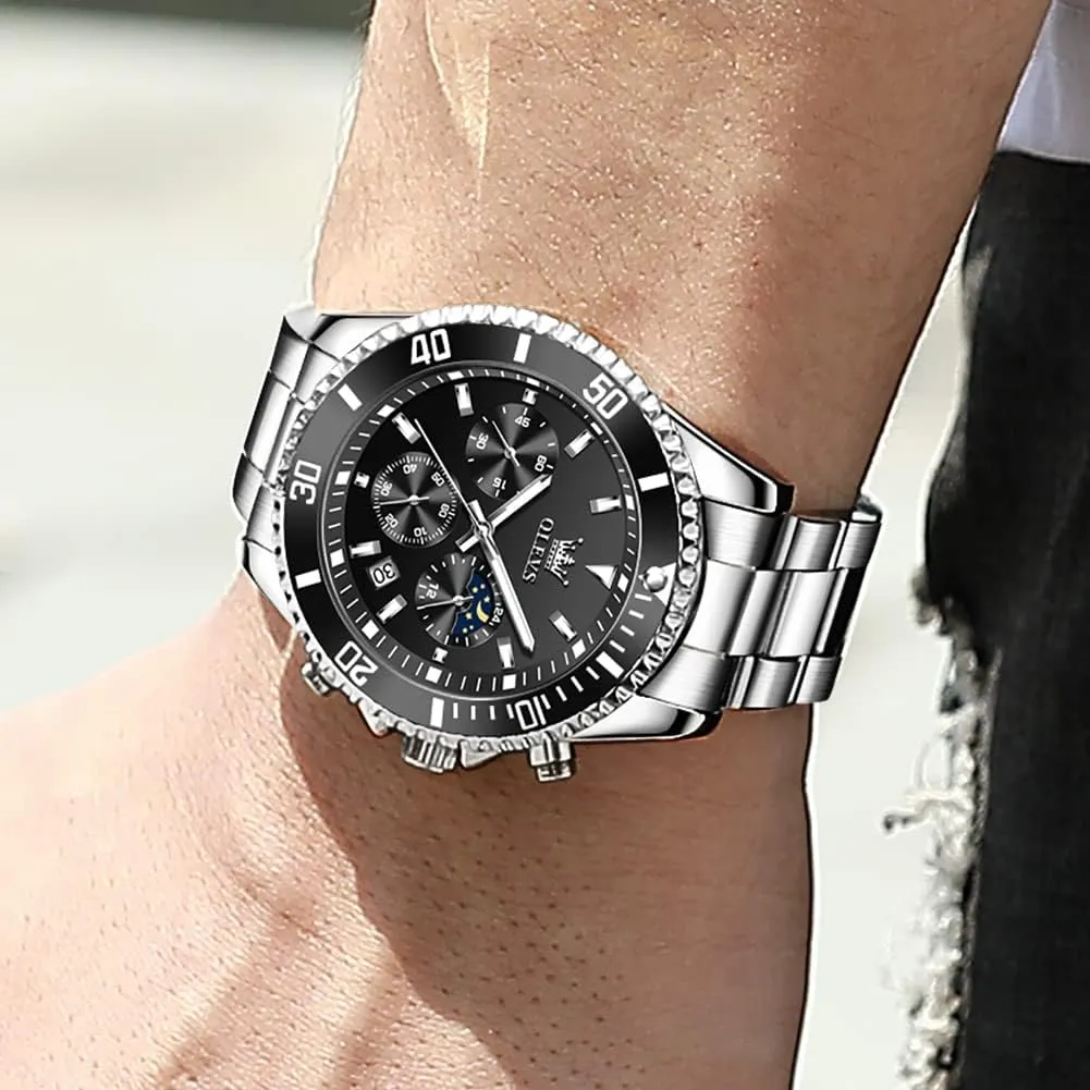 for Men Stainless Steel Yale slash propose commonsense compose inventor Analog Quartz Chronograph Moon Phase Watch Waterproof Date Luminous Wrist Male Watches,Gift for Men OLEVS Watches 