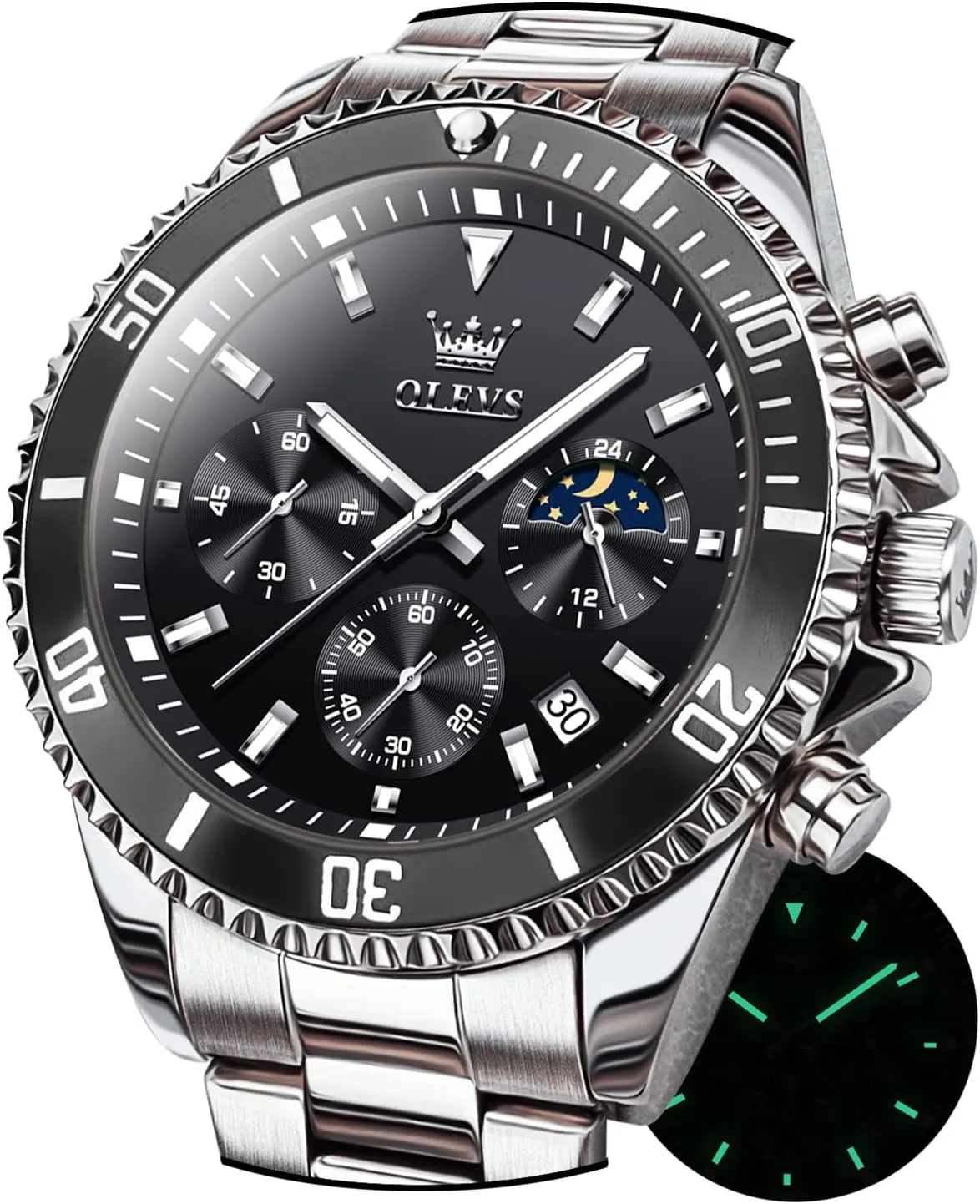 for Men Stainless Steel Yale slash propose commonsense compose inventor Analog Quartz Chronograph Moon Phase Watch Waterproof Date Luminous Wrist Male Watches,Gift for Men OLEVS Watches 