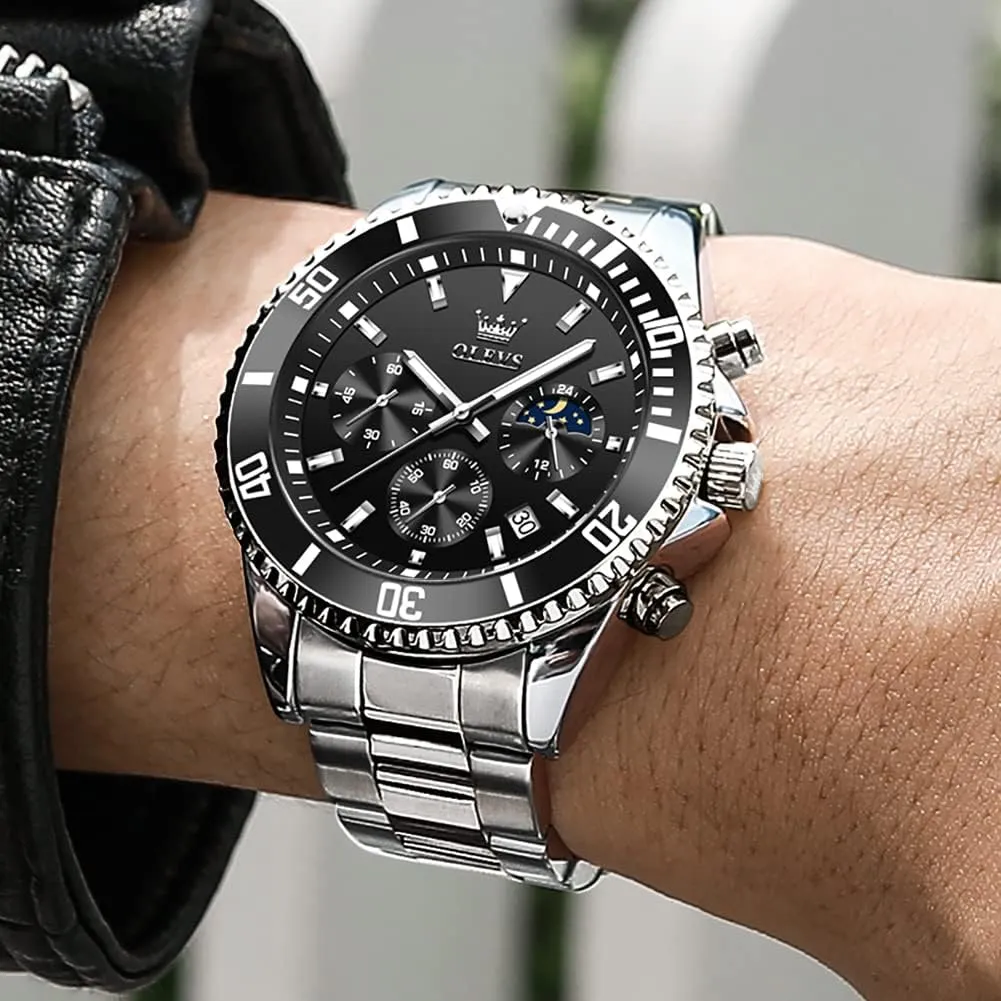 for Men Stainless Steel Yale slash propose commonsense compose inventor Analog Quartz Chronograph Moon Phase Watch Waterproof Date Luminous Wrist Male Watches,Gift for Men OLEVS Watches 