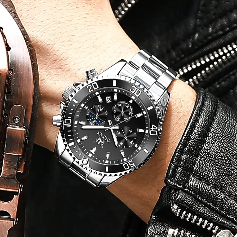 for Men Stainless Steel Yale slash propose commonsense compose inventor Analog Quartz Chronograph Moon Phase Watch Waterproof Date Luminous Wrist Male Watches,Gift for Men OLEVS Watches 