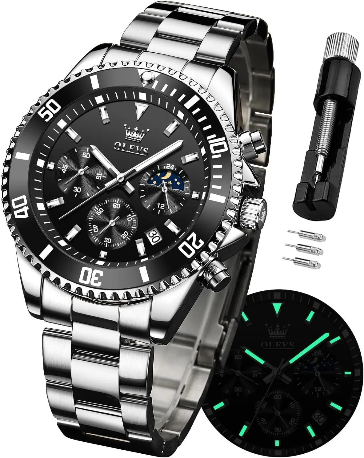 for Men Stainless Steel Yale slash propose commonsense compose inventor Analog Quartz Chronograph Moon Phase Watch Waterproof Date Luminous Wrist Male Watches,Gift for Men OLEVS Watches 