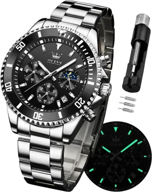 for Men Stainless Steel Yale slash propose commonsense compose inventor Analog Quartz Chronograph Moon Phase Watch Waterproof Date Luminous Wrist Male Watches,Gift for Men OLEVS Watches 