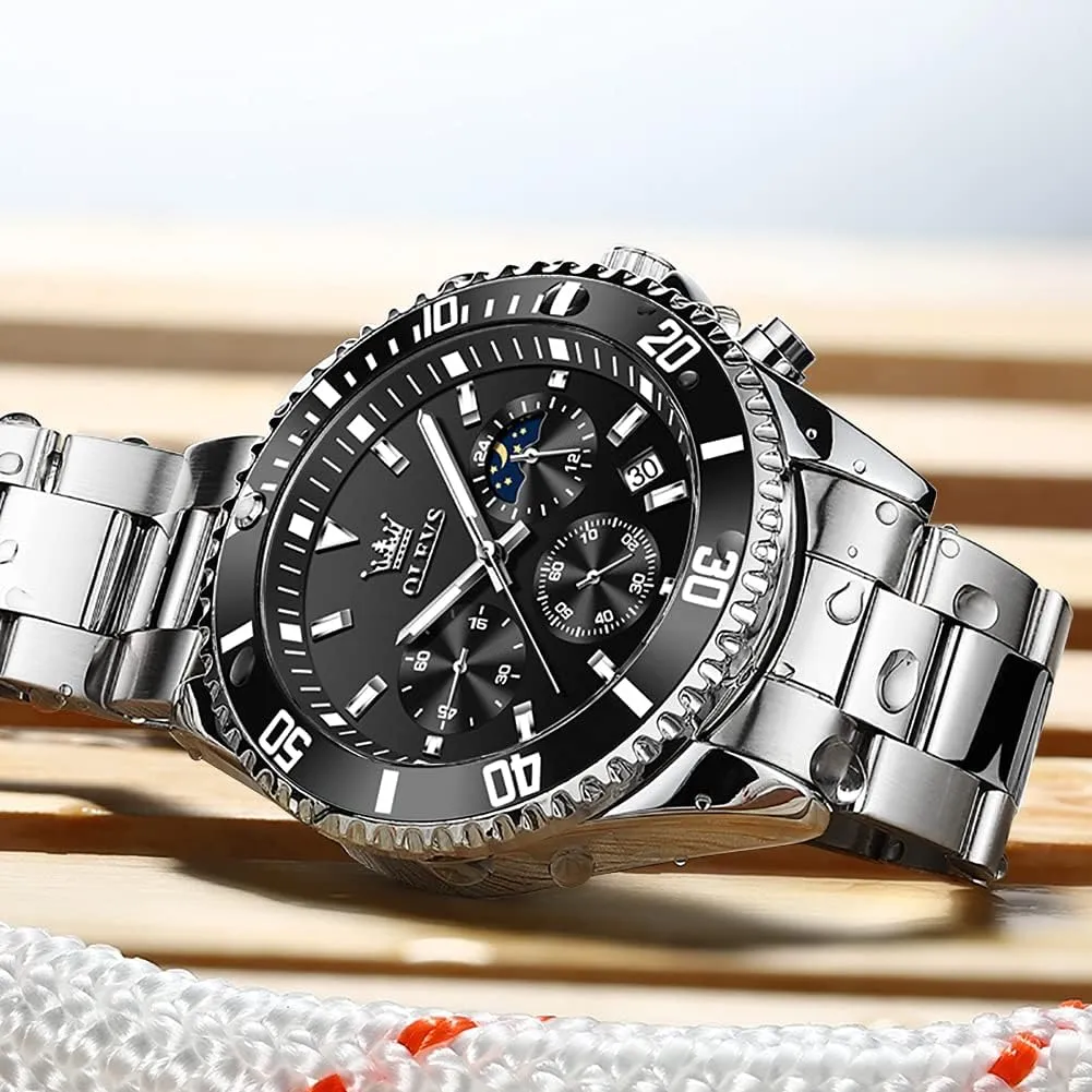 for Men Stainless Steel Yale slash propose commonsense compose inventor Analog Quartz Chronograph Moon Phase Watch Waterproof Date Luminous Wrist Male Watches,Gift for Men OLEVS Watches 