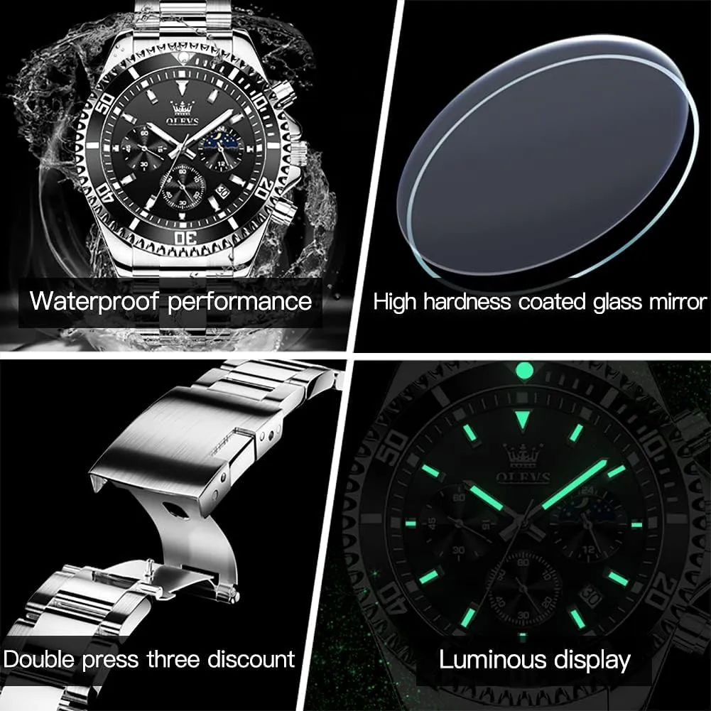 for Men Stainless Steel Yale slash propose commonsense compose inventor Analog Quartz Chronograph Moon Phase Watch Waterproof Date Luminous Wrist Male Watches,Gift for Men OLEVS Watches 