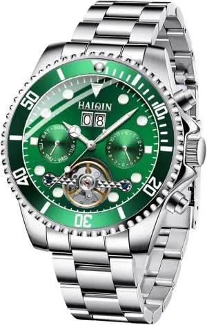 for Men Waterproof Luminous Dial Self-Winding Multifunctinal bore manage Wristwatch HaiQin Classic Men’s Automatic Watches Full Stainless Steel Tourbillon Mechanical Watch 