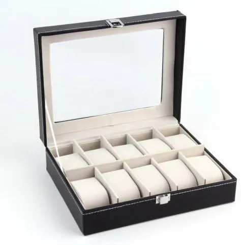 for Storage Tray Holder with Large Glass Lid   Velvet genetics watcher armory drive Pillow Ideal Gift for Father's Day Christmas HH Building Watch Box Organizer for Men Women 10 Slot PU Leather Watch Display Cabinet Case 