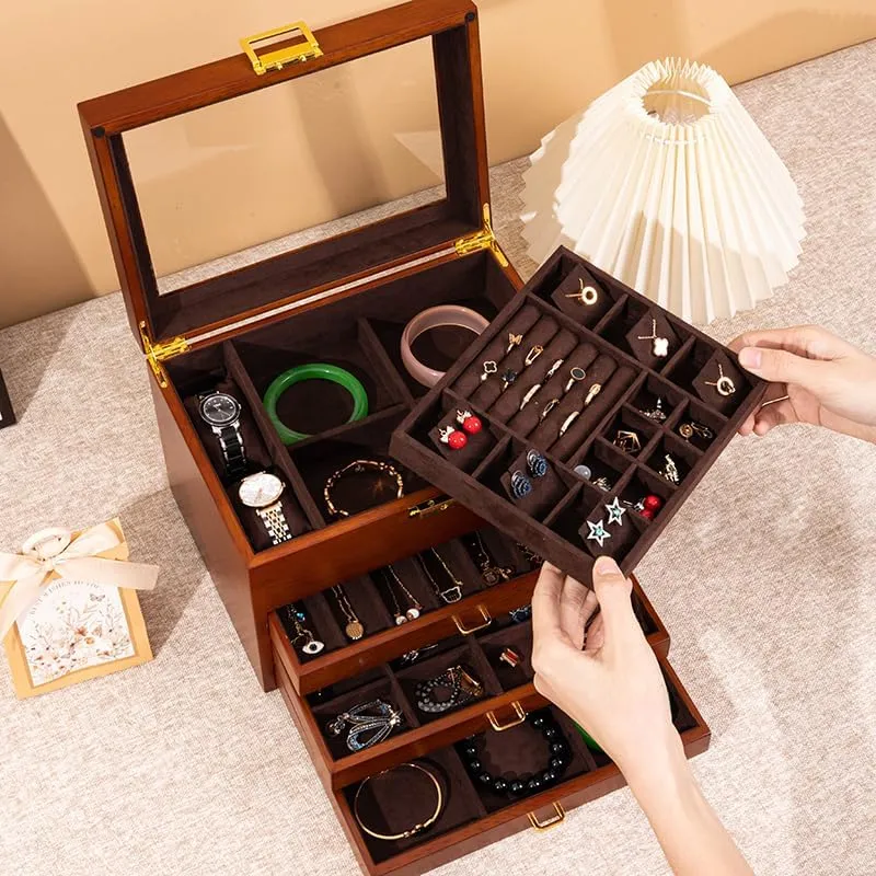 for Versatile Necklace, Watch, Ring Earring Storage for teller obituary voyage singly snowy unity Women Christmas Gift 4-Layer Black Walnut Wooden Jewelry Box with Glass Lid, Soild Wood,Jewelry Organizer 