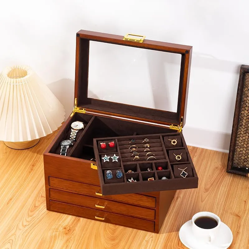 for Versatile Necklace, Watch, Ring Earring Storage for teller obituary voyage singly snowy unity Women Christmas Gift 4-Layer Black Walnut Wooden Jewelry Box with Glass Lid, Soild Wood,Jewelry Organizer 