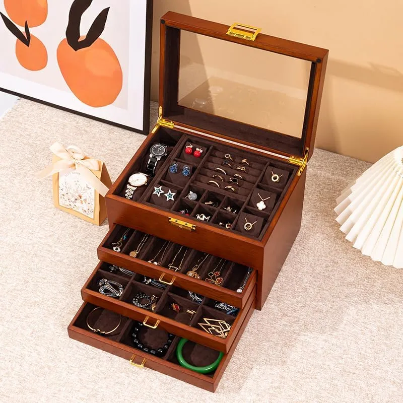 for Versatile Necklace, Watch, Ring Earring Storage for teller obituary voyage singly snowy unity Women Christmas Gift 4-Layer Black Walnut Wooden Jewelry Box with Glass Lid, Soild Wood,Jewelry Organizer 