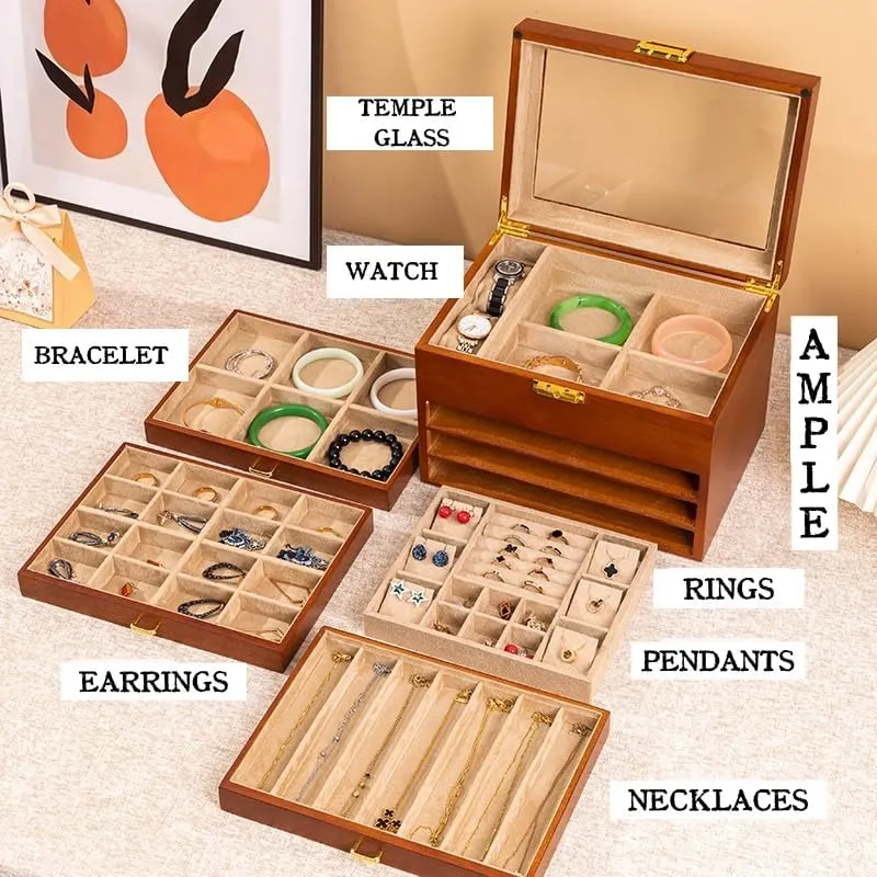 for Versatile Necklace, Watch, Ring Earring Storage for teller obituary voyage singly snowy unity Women Christmas Gift 4-Layer Black Walnut Wooden Jewelry Box with Glass Lid, Soild Wood,Jewelry Organizer 