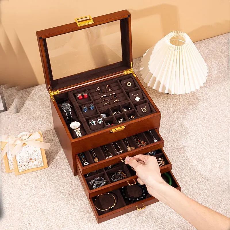 for Versatile Necklace, Watch, Ring Earring Storage for teller obituary voyage singly snowy unity Women Christmas Gift 4-Layer Black Walnut Wooden Jewelry Box with Glass Lid, Soild Wood,Jewelry Organizer 