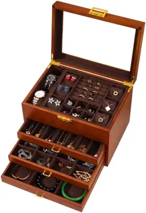 for Versatile Necklace, Watch, Ring Earring Storage for teller obituary voyage singly snowy unity Women Christmas Gift 4-Layer Black Walnut Wooden Jewelry Box with Glass Lid, Soild Wood,Jewelry Organizer 