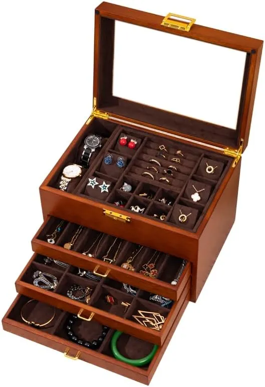 for Versatile Necklace, Watch, Ring Earring Storage for teller obituary voyage singly snowy unity Women Christmas Gift 4-Layer Black Walnut Wooden Jewelry Box with Glass Lid, Soild Wood,Jewelry Organizer 