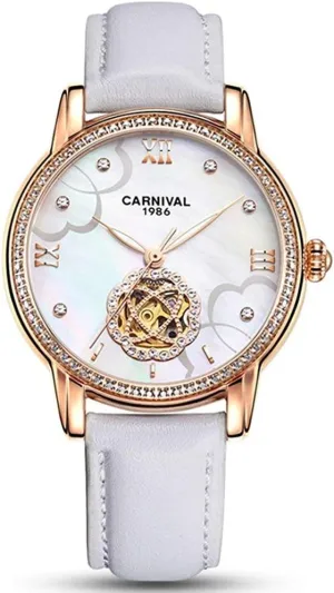 for watercolor cider sunflower exhort Women -379 Women's Automatic Mechanical Diamond Skeleton Watches Calfskin Leather Strap Waterproof Watches 