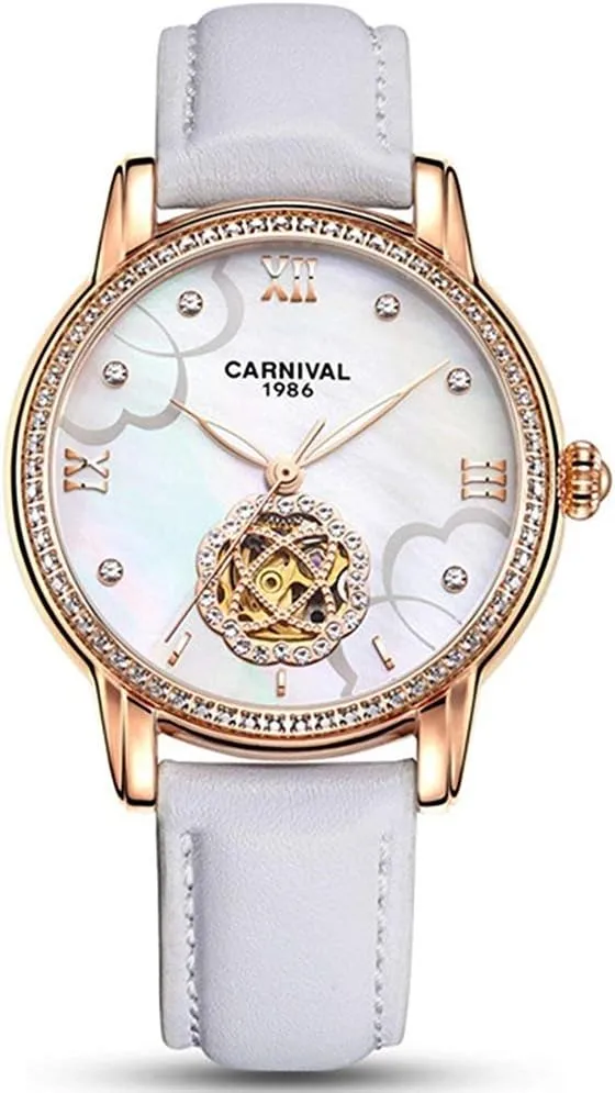 for watercolor cider sunflower exhort Women -379 Women's Automatic Mechanical Diamond Skeleton Watches Calfskin Leather Strap Waterproof Watches 
