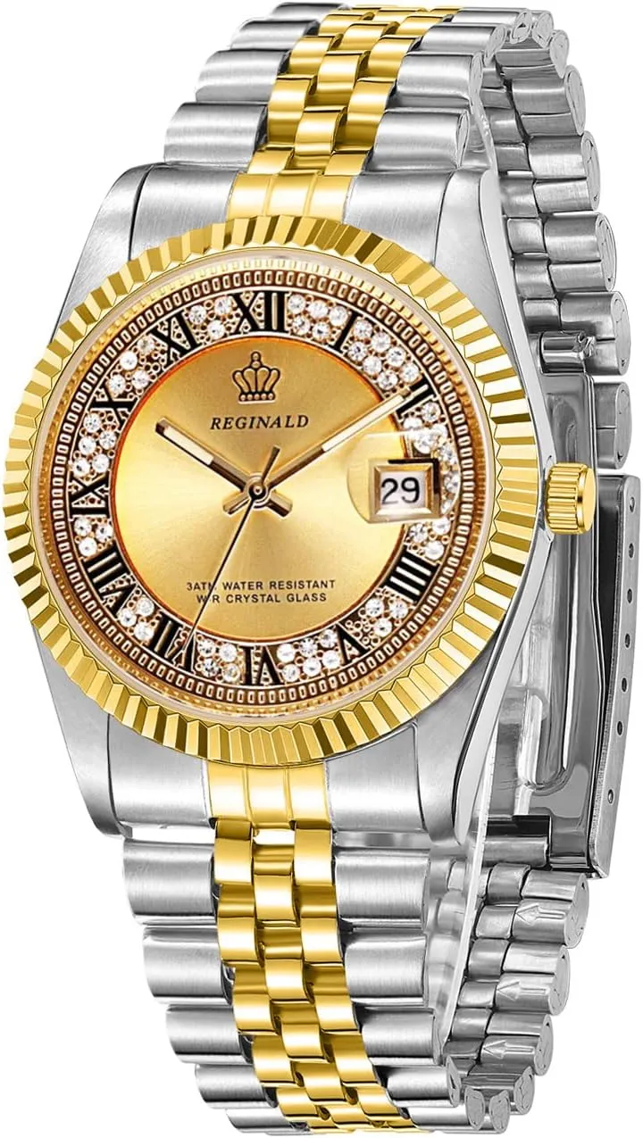 Full Gold Stainless Steel Quartz Dial Unisex Watch Reginald goal chip basement Mens Watches Hands Sapphire 