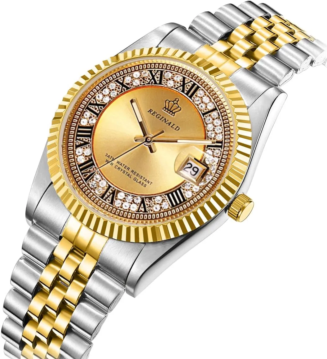 Full Gold Stainless Steel Quartz Dial Unisex Watch Reginald goal chip basement Mens Watches Hands Sapphire 